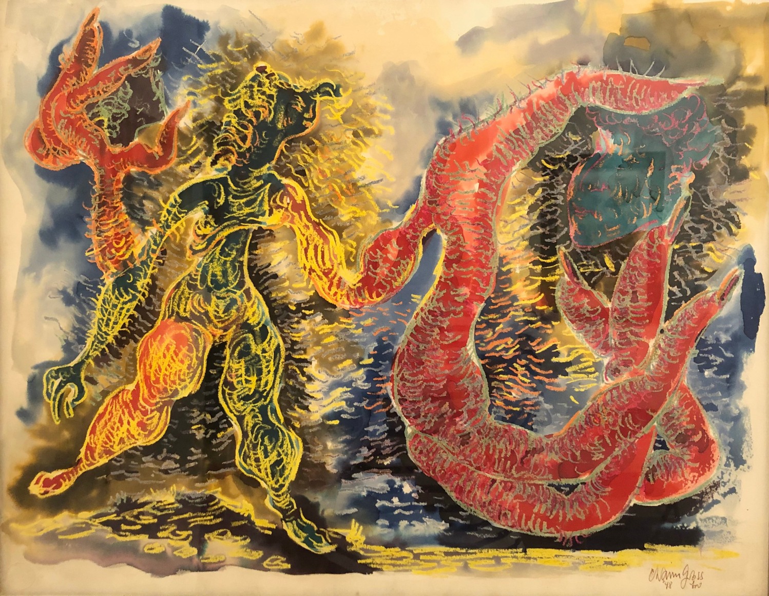 Drawing with bright colors depicting a woman at the left of the image with her hands appearing to grow to be the same size as her body