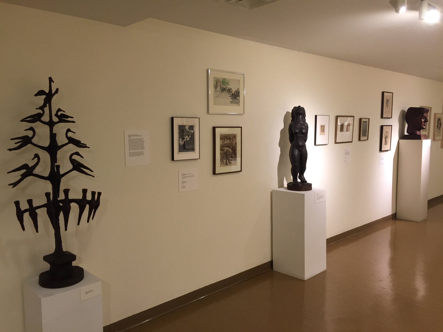 White gallery wall going diagonally towards the right with medium brown flooring beneath it. On the left closest to us there is medium sized black sculpture of  tree with birds on the branches. At the center of the wall there is a medium sized sculpture of a humanoid form and at the far right there is a medium brown bust of a man. Between the sculptures there are various framed artworks hung up on the wall.