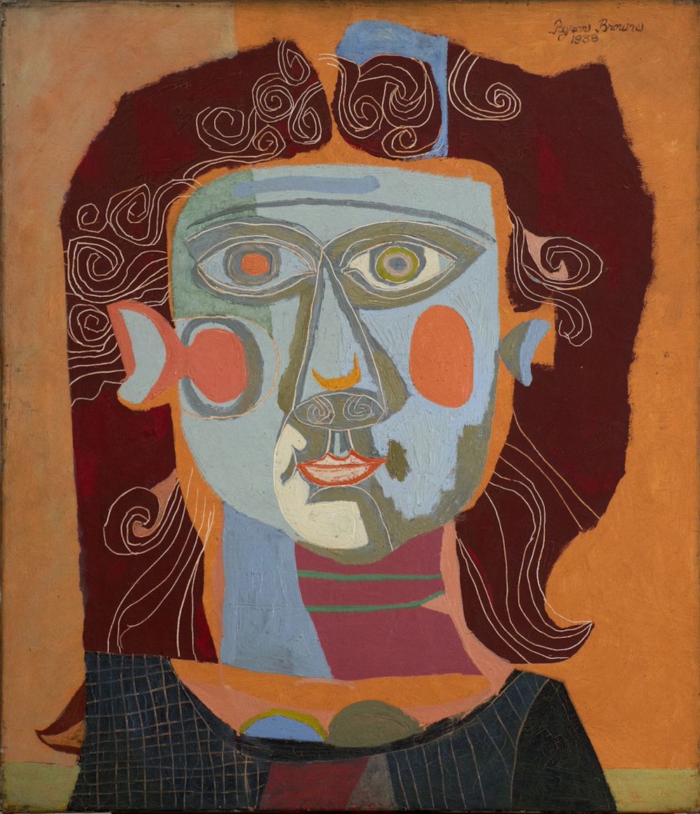 Painting of a front facing portrait of a woman in an abstract style on a burnt orange background. Her face is colored in shades of sea blue and green, her hair is deep burgundy, and she is wearing a dark blue shirt with think white stripes. Her facial features are outlined in and there are swirls in her hair in thin white lines.