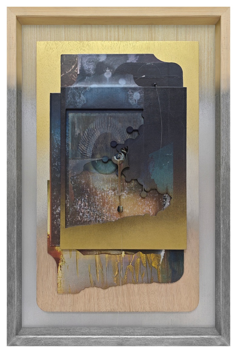 Omar Barquet, 1st Vision, The origin of myths (after O. Red&oacute;n), 2024. Mixed media collage, lacquer oil paint, color pencil, wood and polaroid fragments, pearl, seashells, butterfly wing and synthetic hair on book covers, custom artist&rsquo;s frame, 23 5/8 x 15 5/8 x 2 inches.