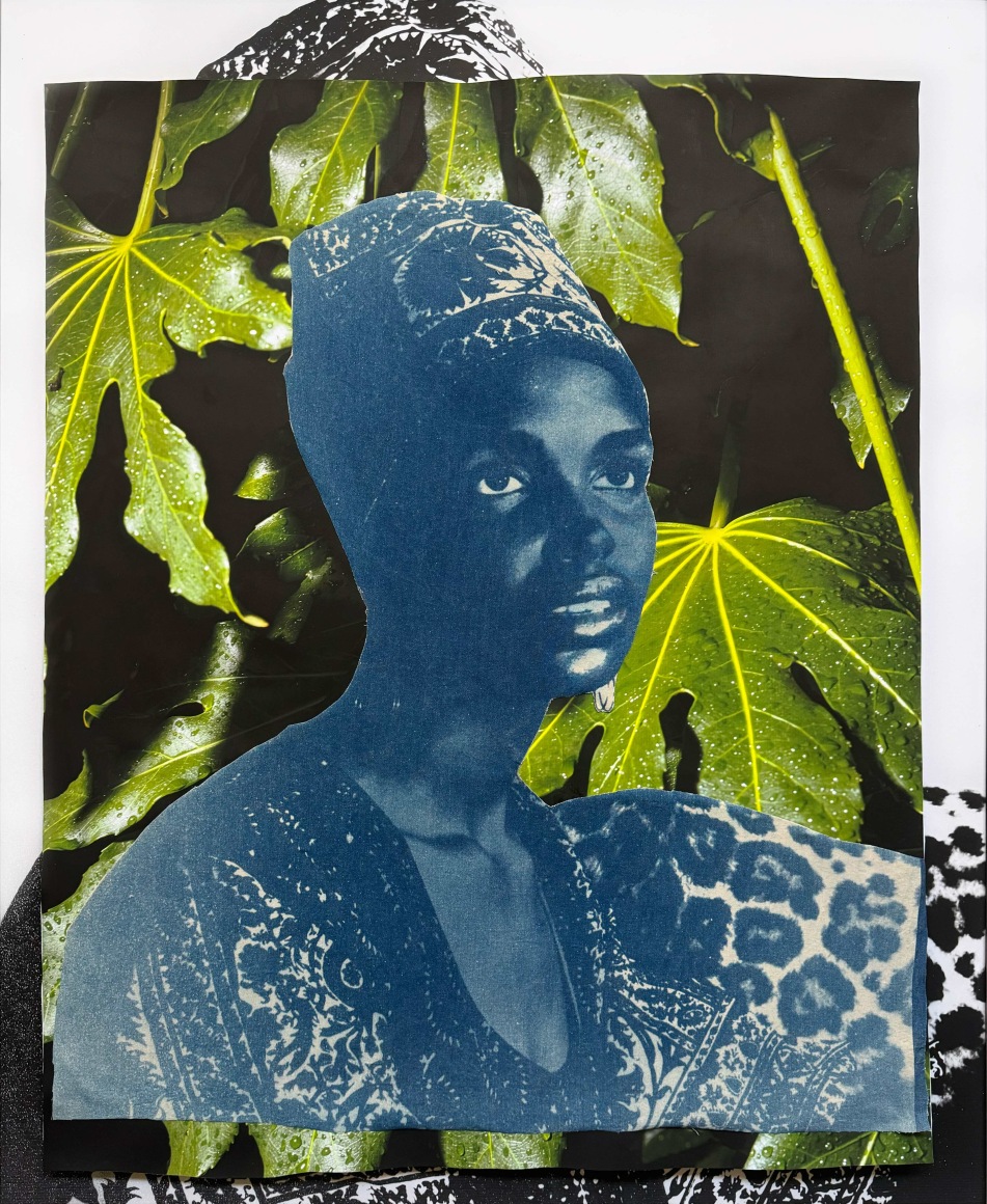 David Alekhuogie, Rene in Lagos, 2024. Monoprint collage of cyanotype and archival pigment on canvas, 49 x 40 inches.