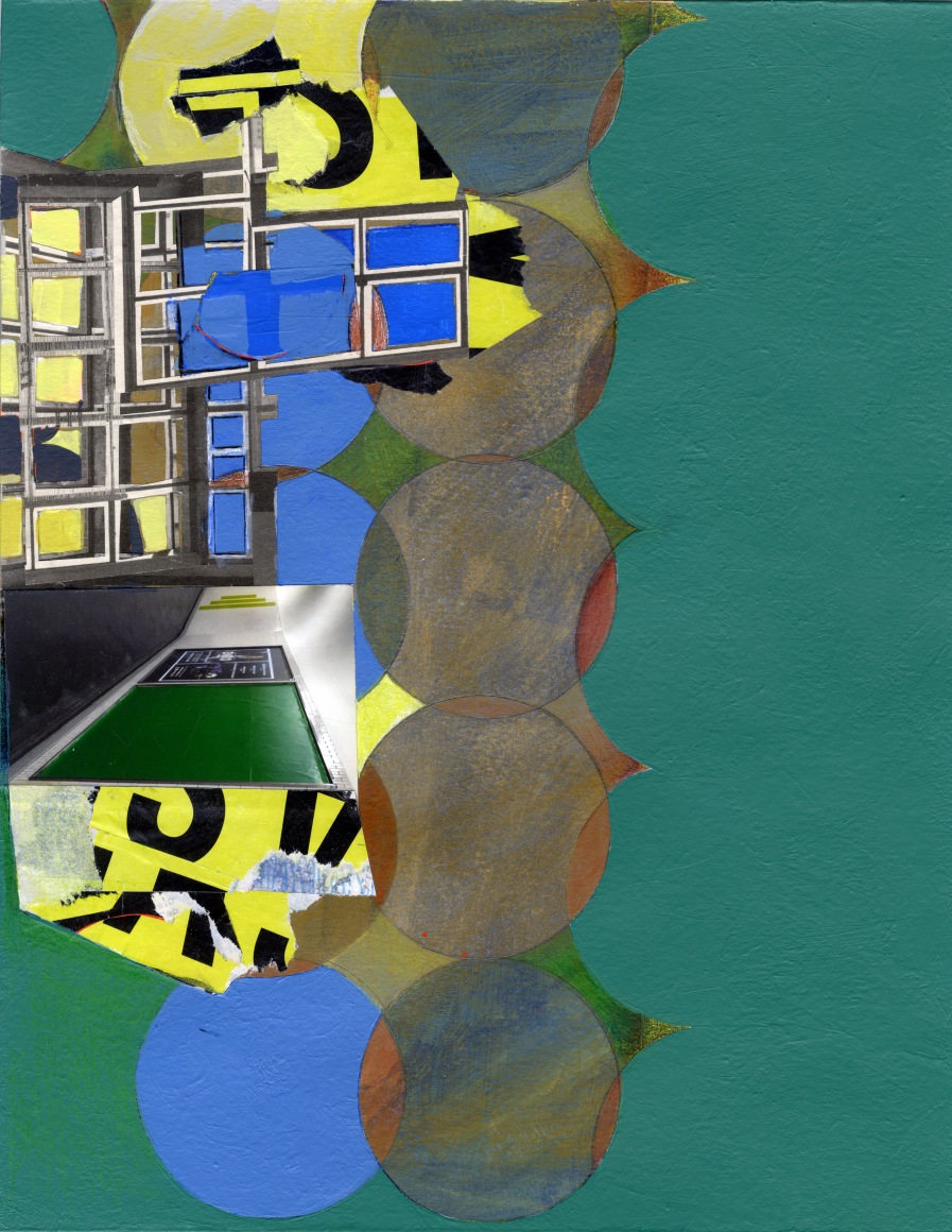 System, 2021. Acrylic, watercolor, color pencil, found paper, and photo collage on paper. 14 x 11 inches.