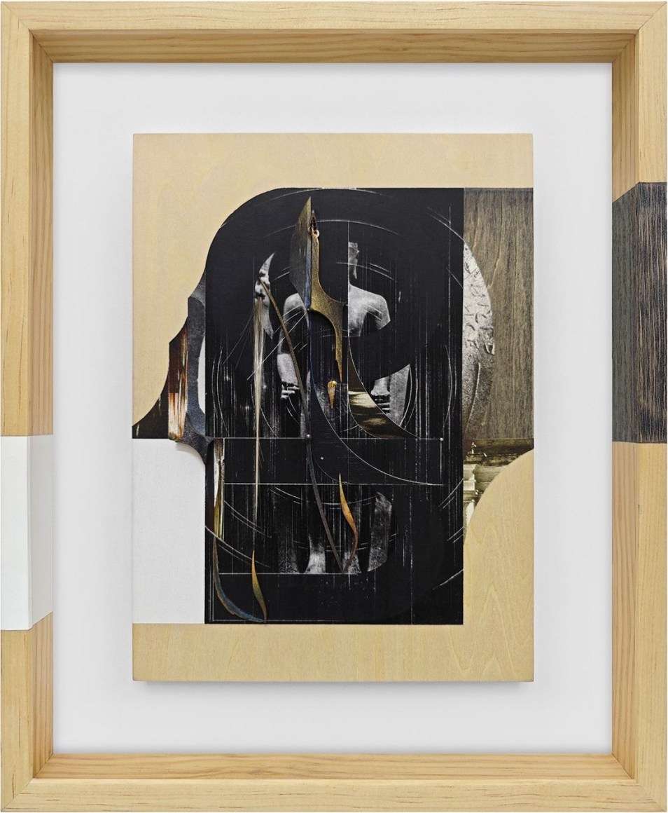 Omar Barquet, en, from the&nbsp;Syllables&nbsp;series,&nbsp;2024. Mixed media collage, fragments of wood and seashells, synthetic hair, nails, silver and gold pins, enamel and ink on printed paper mounted on wooden panel and custom artist frame, 17 x 14 inches.