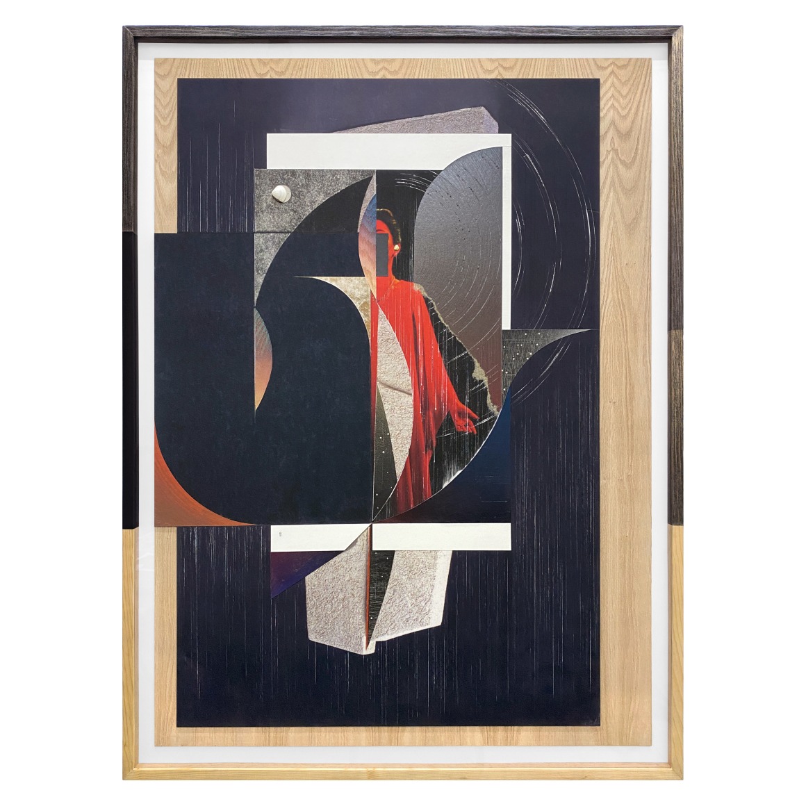 Omar Barquet, Like a Seed in a Shadow of a Stone (Cassandra) (for L.Clark), 2018-22. Mixed media collage, wooden fragments, oyster, silver and golden pins, micah, enamel on printed archival paper, custom artist frame, 59 x 43 inches.