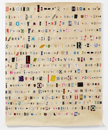 ​Rachel Perry,&nbsp;Soundtrack to My Life: Imagine by John Lennon (hotel Lobby), 2018. Magazine clippings and polyvinyl adhesive on kozo paper. 64 1/2 x 38 1/2.