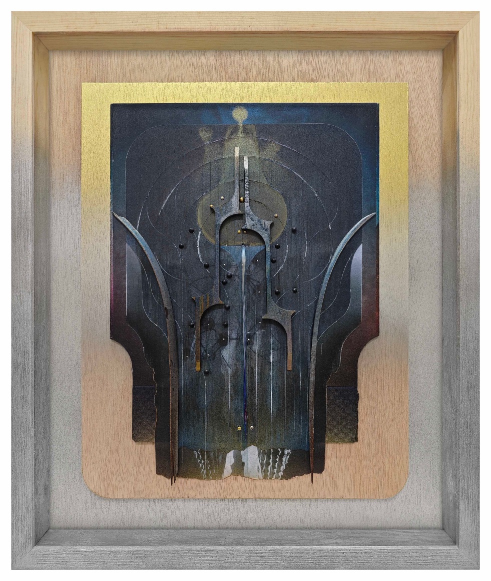 Omar Barquet, 2nd Oracle, Ancestors (The Missing Link), 2024. Mixed media collage, lacquer oil paint, wood fragments, synthetic hair, book covers, custom artist&rsquo;s frame, 17 x 14 1/4 x 2 inches.