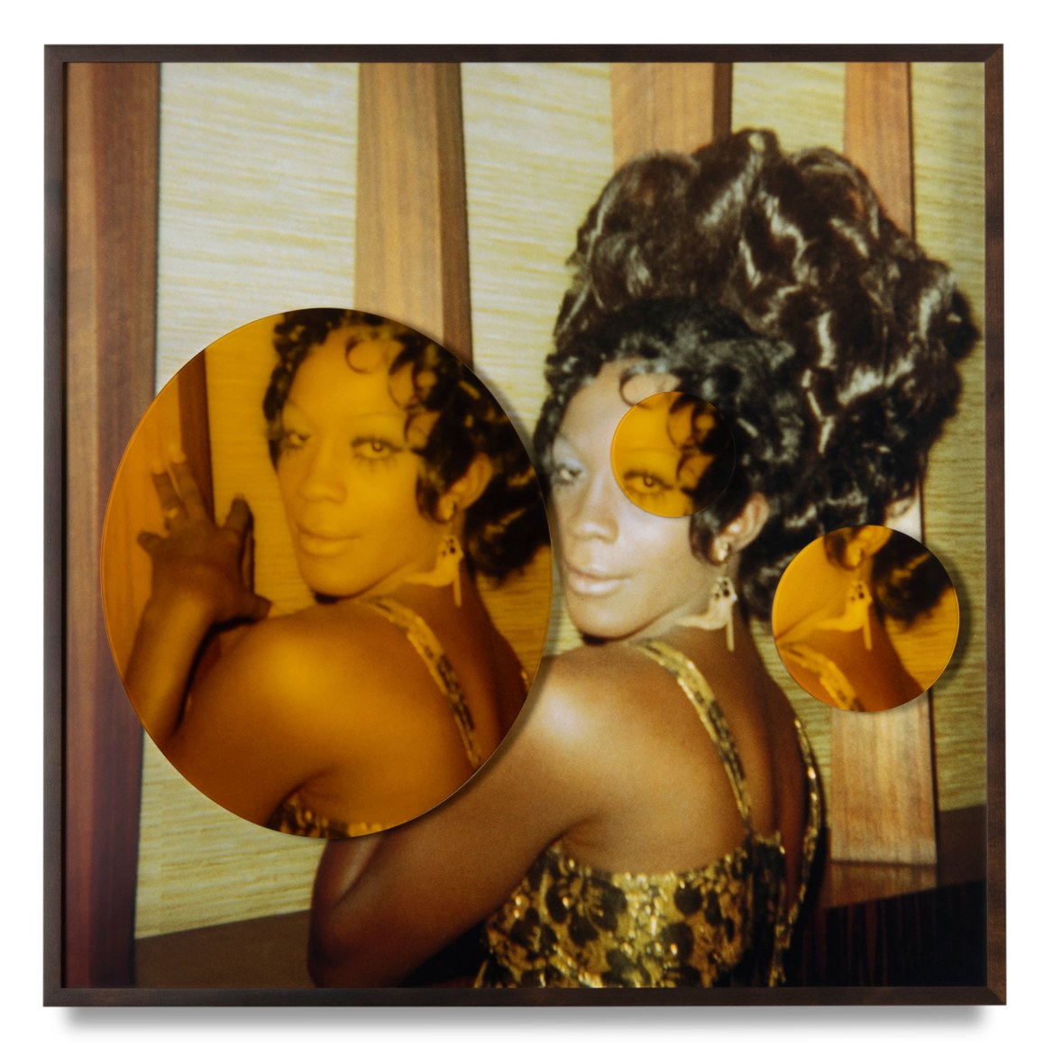 Alanna Fields, Dorothy Dandridge Eyes (Leigh Angelique 1971), 2022. Dye sublimation prints on aluminum, tinted plexiglass, and mahogany frame, 30 15/16 x 30 15/16 x 2 1/16 inches.