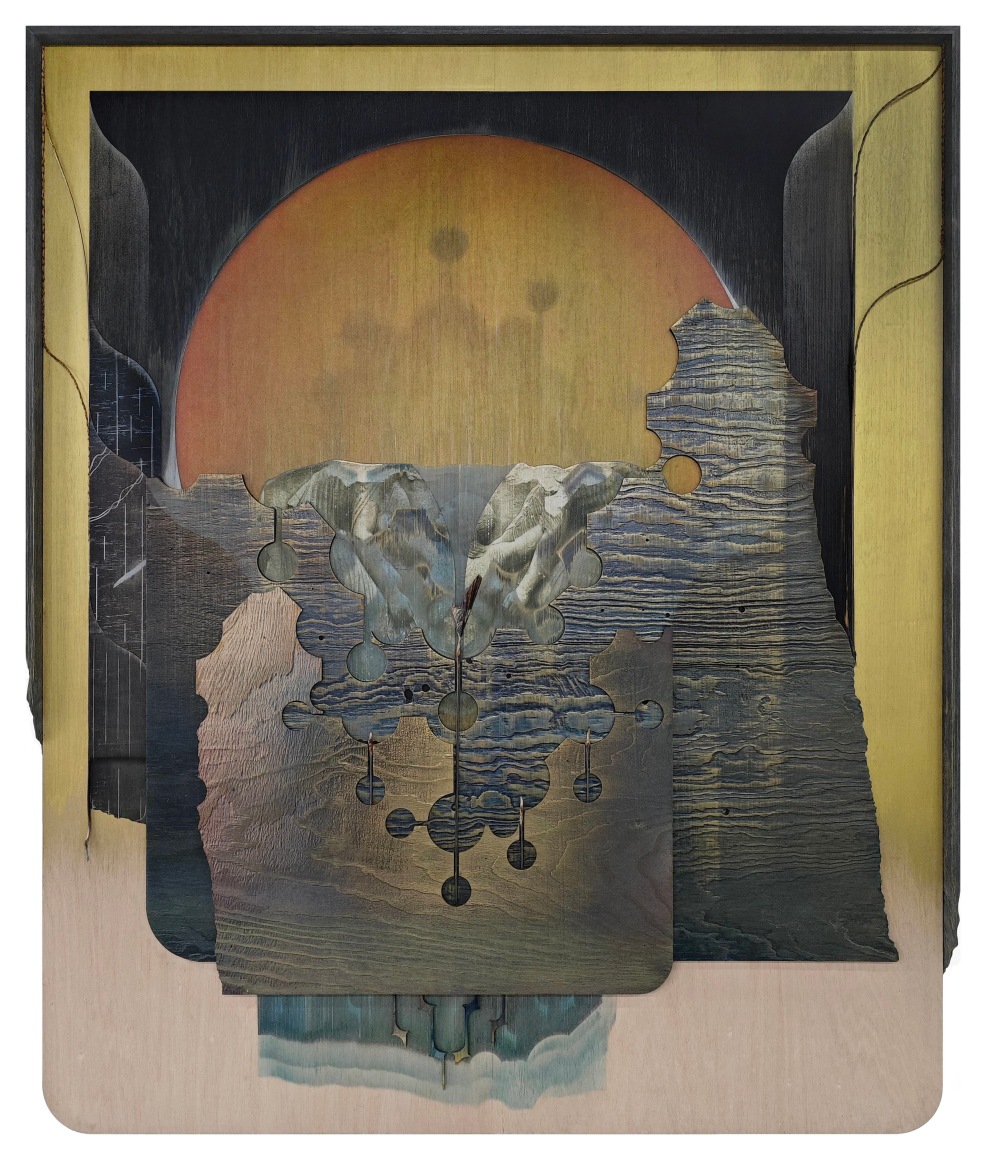 Omar Barquet, Arise (after The Ludovisi throne), 2024. Mixed media collage, digital print, lacquer oil paint, wood fragments, broken oyster and coconut branches, custom artist&rsquo;s frame, 69 x 56 x 2 1/2 inches.