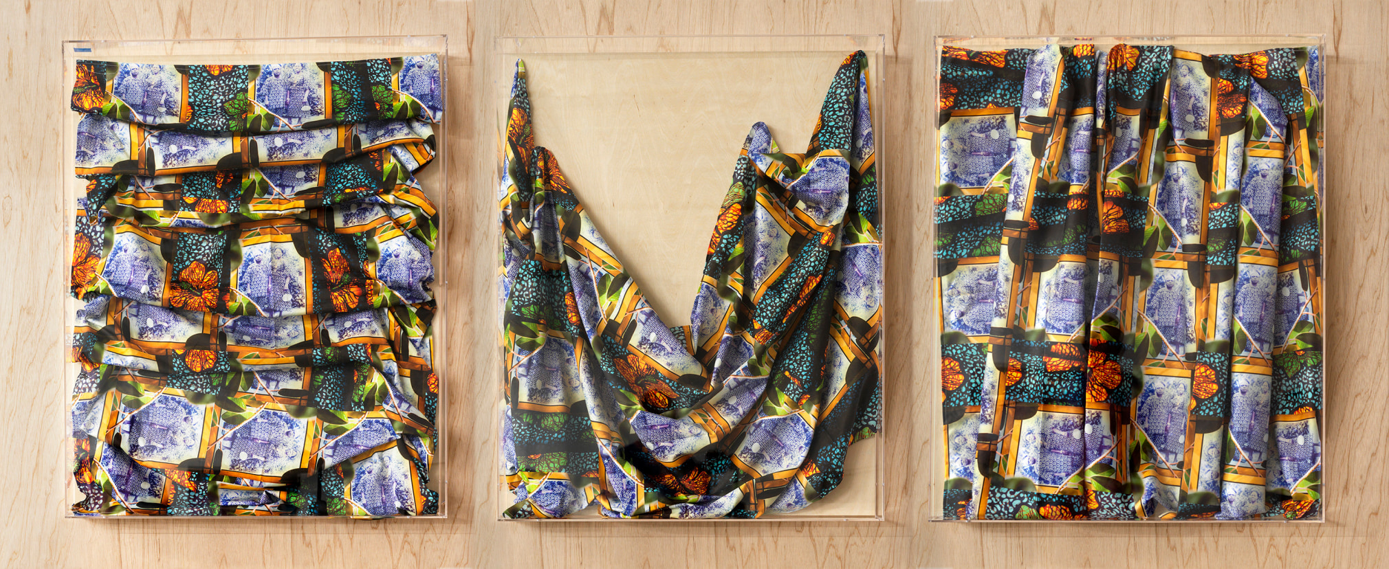 David Alekhuogie,&nbsp;Portrait for Bibi Babu I, II, III, 2021. Set of three archival pigment prints on jersey fabric in plexiglass vitrines, 40 x 32 x 4 inches each.&nbsp;