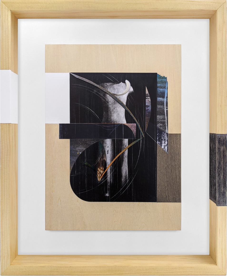 Omar Barquet,&nbsp;&iacute;&nbsp;(from the&nbsp;Syllables&nbsp;series), 2022.&nbsp;Mixed media collage, wood and oyster shell fragments, peacock feather, metallic paper, silver and gold pin, colored pencil, enamel and ink on printed paper, custom artist frame, 17 x 14 3/16 inches.