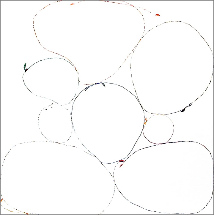 Rachel Perry, Couture Orange Flesh, 2007. Fruit stickers and archival adhesive on paper, 21 1/2 x 21 1/2 inches.