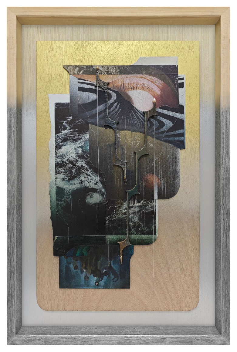 Omar Barquet, 2nd Vision, Maelström (after Z. T. Vizcaíno), 2024. Mixed media collage, lacquer oil paint, color pencil, wood fragments, pearl, seashells and synthetic hair, custom artist&rsquo;s frame, 23 5/8 x 15 3/4 x 2 inches.