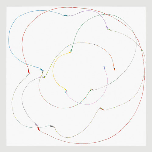 Tropical Passion, 2013. Fruit stickers and archival adhesive on paper, 21.5 x 21.5 inches