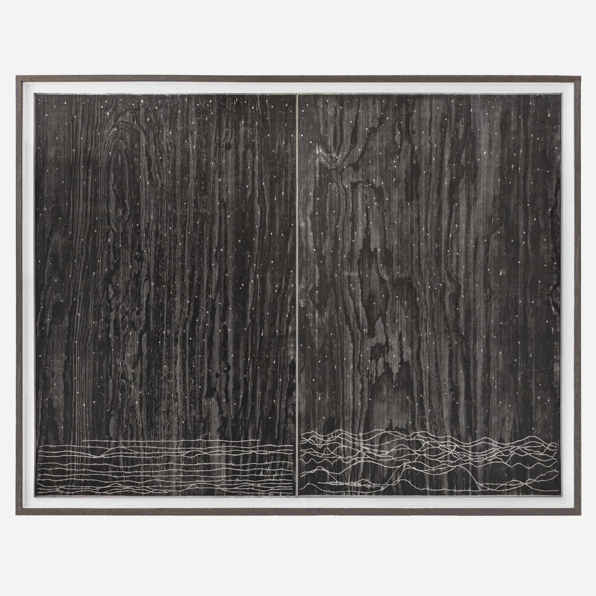 Omar Barquet, Hemispheres (After C.V. Alkkan), 2020. Woodcut on liberon paper, metallic enamel, custom artist frame, 48 1/2 x 70 inches.