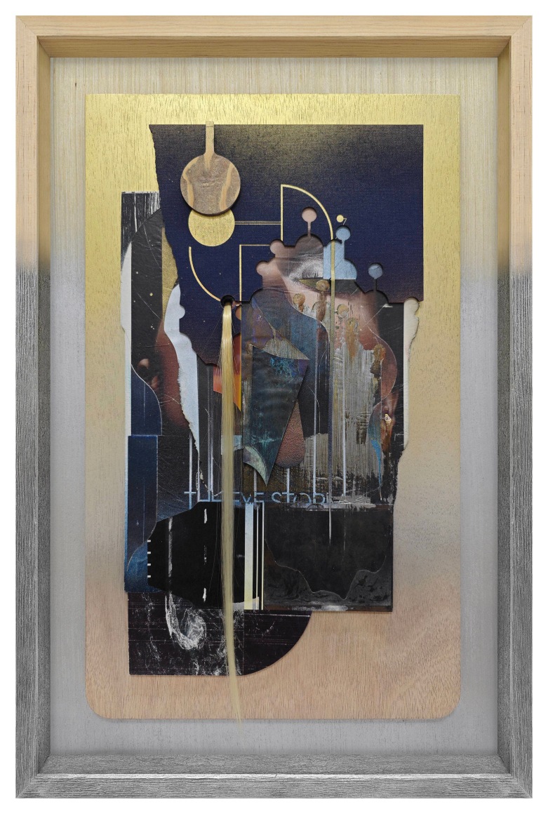 Omar Barquet, 3rd Vision, The eye storm (for Licofr&oacute;n), 2024. Mixed media collage, lacquer oil paint, color pencil, seashells, canvas and polaroid fragments, synthetic hair on book covers, custom artist&rsquo;s frame, 23 5/8 x 15 5/8 x 2 inches.