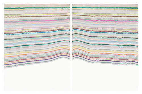 Chiral Lines 11, 2015. Graphite, marker, ballpoint, colored pencil on paper. Each: 50 x 38 inches, overall: 50 x 76 inches