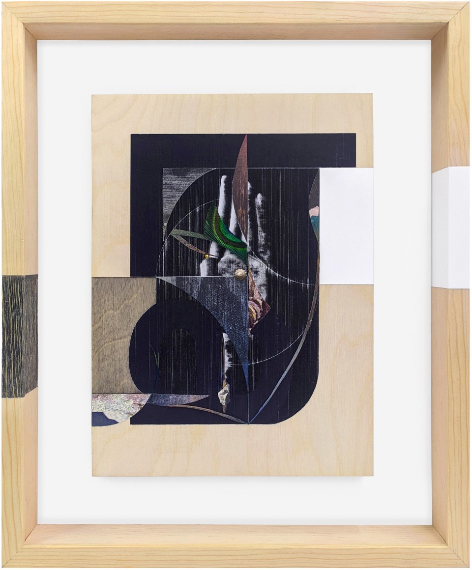 Omar Barquet, la (from the Syllables series), 2022. Mixed media collage, fragments of wood and coral, seashell, peacock feather, golden pin, enamel and ink on printed paper, custom artist frame, 17 x 14 3/16 inches.