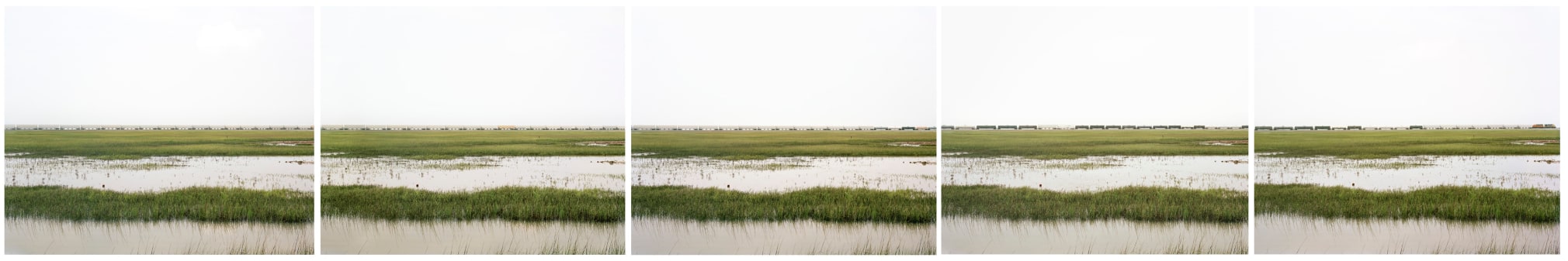 Victoria Sambunaris, Untitled (Train&nbsp;Crossing Estuarial Corridor 1-5), Virginia Point, Texas, 2015. Set of five archival pigment prints.