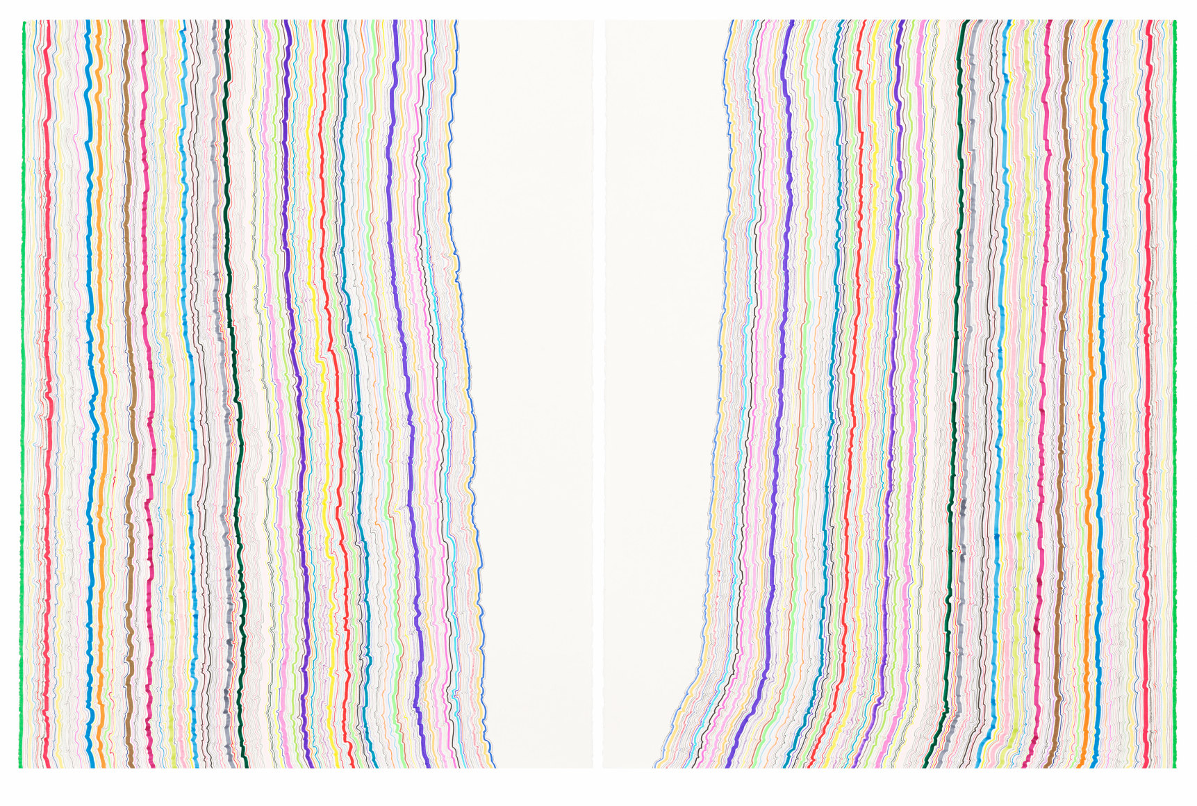 Rachel Perry,&nbsp;Chiral Lines 40, 2021. Marker, colored pencil, crayon on paper. 50 x 38 inches each panel, 50 x 76 inches overall.