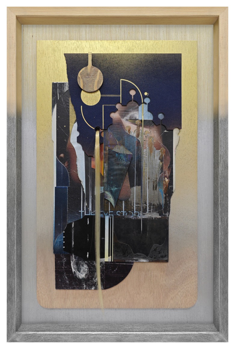 Omar Barquet, 3rd Vision, The eye storm (for Licofr&oacute;n), 2024. Mixed media collage, lacquer oil paint, color pencil, seashells, canvas and polaroid fragments, synthetic hair on book covers, custom artist&rsquo;s frame, 23 5/8 x 15 5/8 x 2 inches.