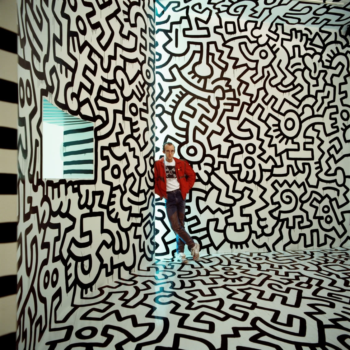 Tseng Kwong Chi, Keith Haring Pop Shop New York, 1986. Chromogenic print, image: 19 1/2 x 19 1/2 inches, frame: 26 1/2 x 26 1/2 inches.