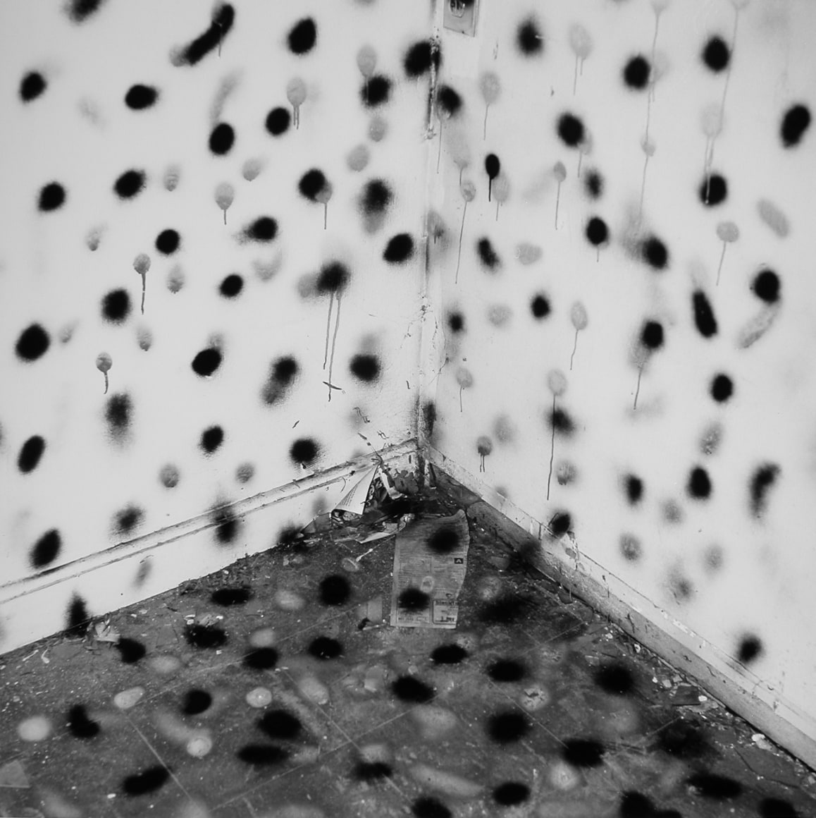 John Divola, Vandalism (74V01), 1974. Vintage gelatin silver print, Paper: 14 x 11 inches, Frame: 18 1/2 x 14 1/2 inches.