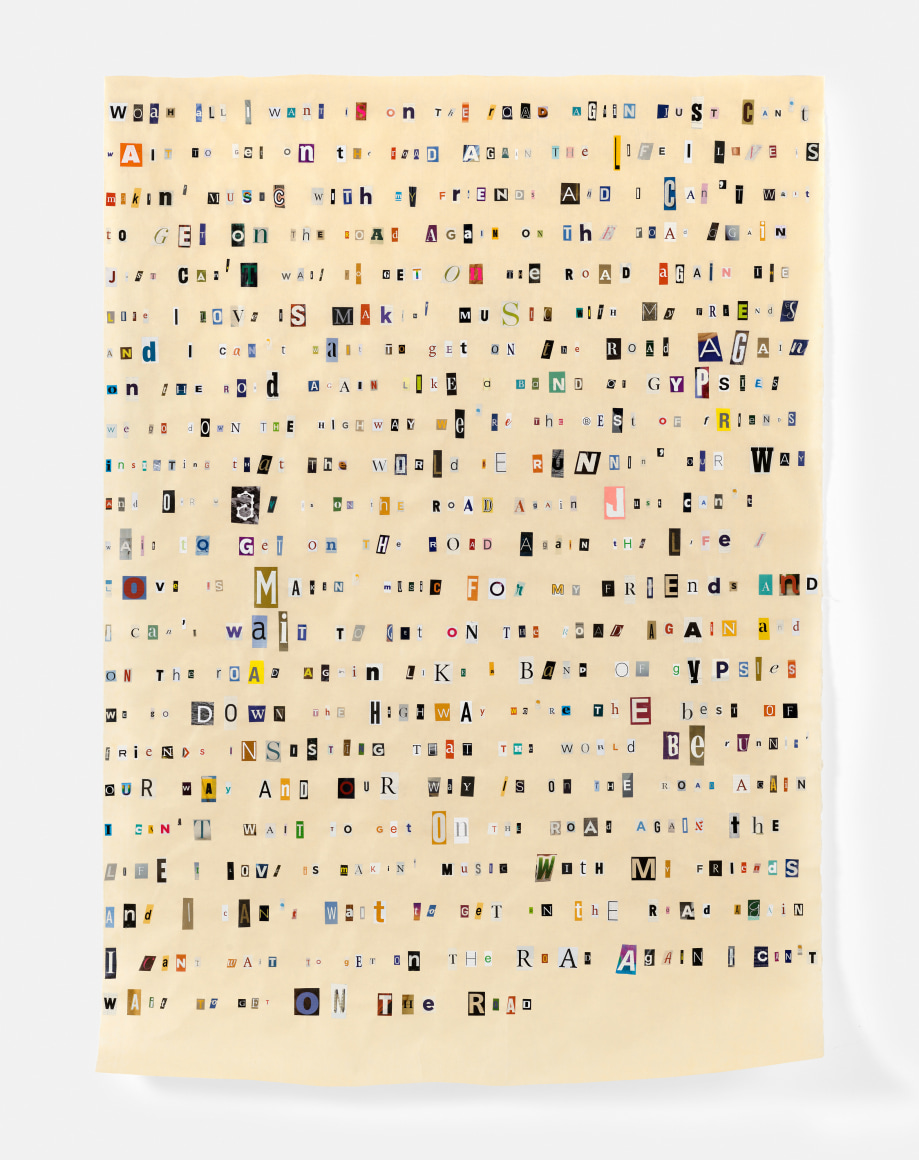 Soundtrack to My Life:&nbsp;On the Road Again by Willie Nelson (Dentist), 2018. Magazine clippings and polyvinyl adhesive on kozo paper. 54 1/2 x 38 1/2 inches.&nbsp;