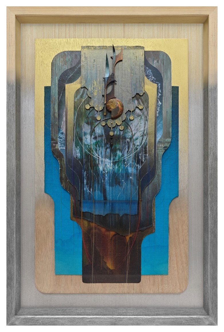 Omar Barquet, 4th Vision, Cascada atrapa sue&ntilde;os (for B. Viola), 2024. Mixed media collage, lacquer oil paint, color pencil, canvas, seashell, wood fragments and synthetic hair on book covers, custom artist&rsquo;s frame, 23 5/8 x 15 5/8 x 2 inches.