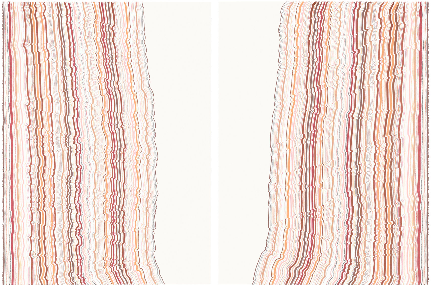 Rachel Perry,&nbsp;Chiral Lines 38, 2020. Marker, colored pencil, crayon on paper, 30 x 22 3/8 inches each panel, 30 x 44 3/4 inches total.