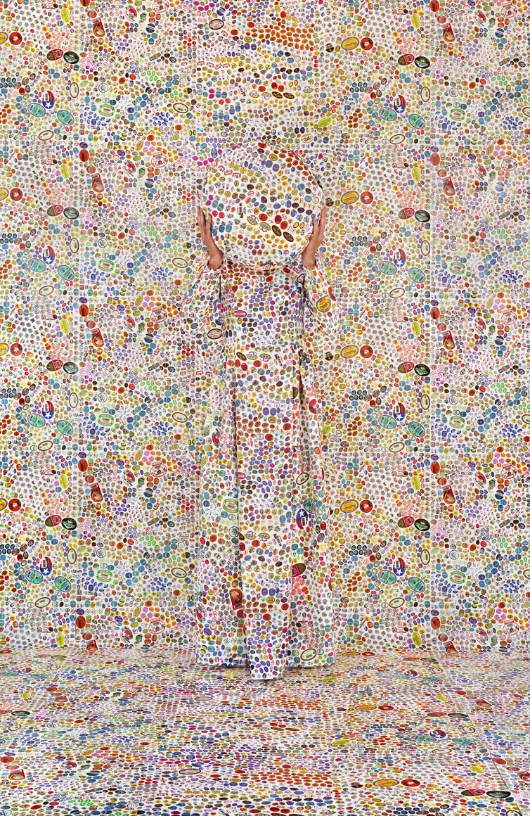 Rachel Perry,&nbsp;Lost in My Life (Fruit Stickers Standing with Round), 2018. Archival pigment print, 60 x 40 inches.