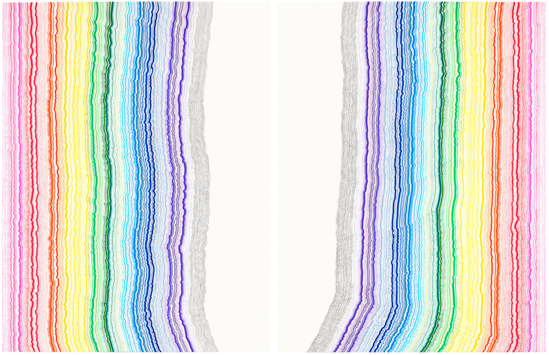 Rachel Perry,&nbsp;Chiral Lines 30, 2018. Graphite, marker, ballpoint, colored pencil on paper, 50 x 38 inches each panel, 50 x 76 inches overall.