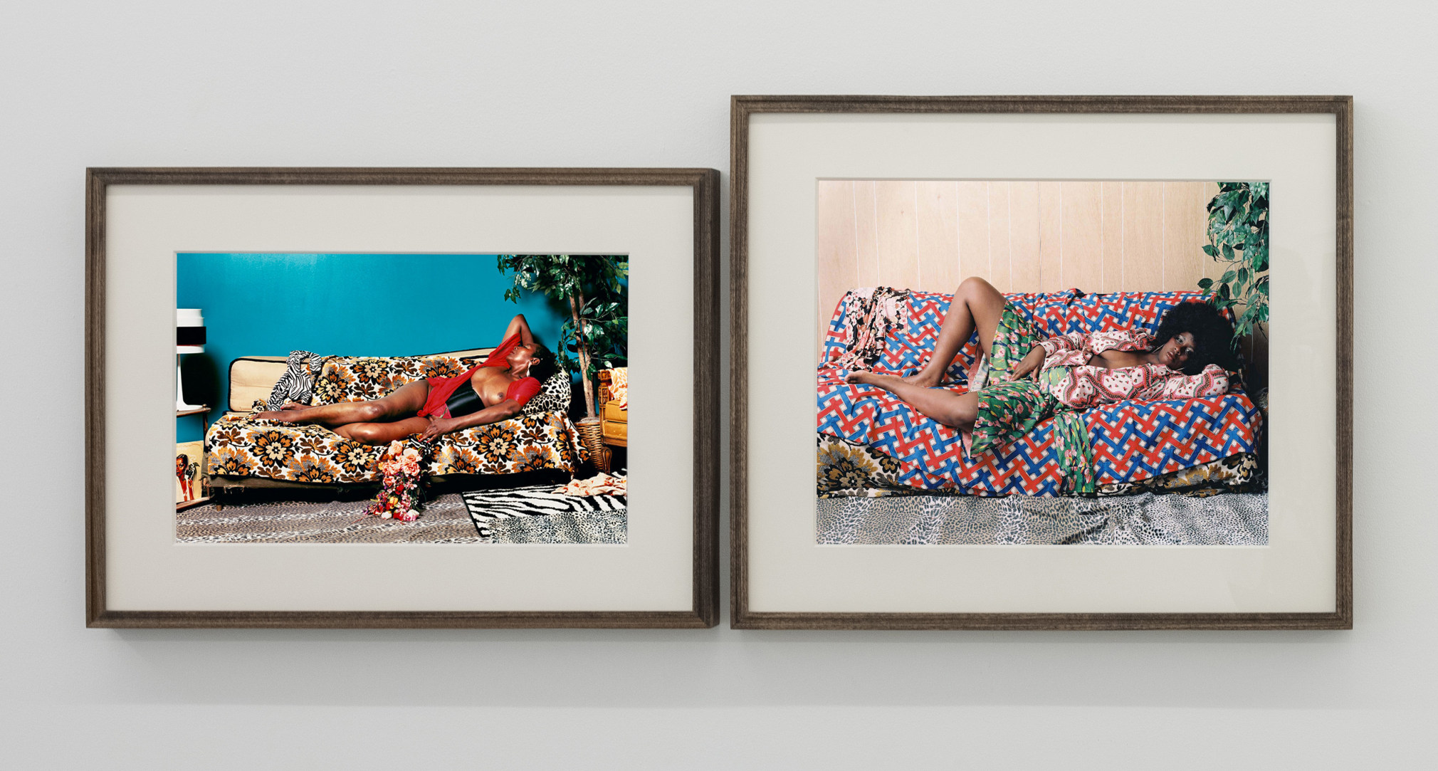 Mickalene Thomas, Madame Mama Bush and Afro Goddess with Hands Between Legs, 2006/2008. Chromogenic print, image: 12 1/2 x 20 inches (left); 16 x 20 inches (right), frame: 20 3/8 x 27 1/4 inches (left); 23 1/2 x 27 1/4 inches (right).