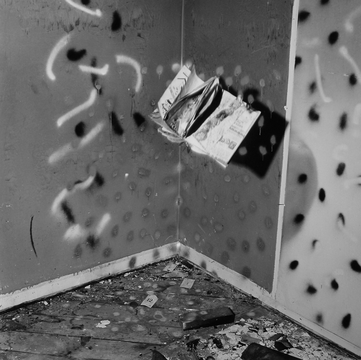John Divola, Vandalism (74V09), 1974. Vintage gelatin silver print, Paper: 14 x 11 inches, Frame: 18 1/2 x 14 1/2 inches.