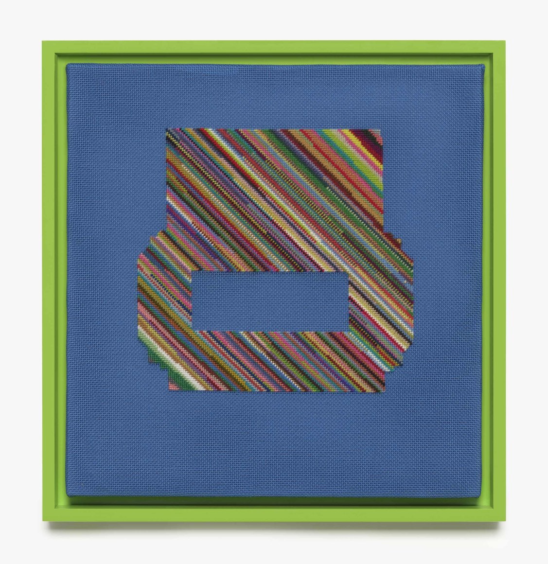 Rachel Perry,&nbsp;Mustard Seed Dark Chocolate: Romantic Comedy, 2023. Wool and silk on canvas with artist frame, 14 x 13 1/2 inches.