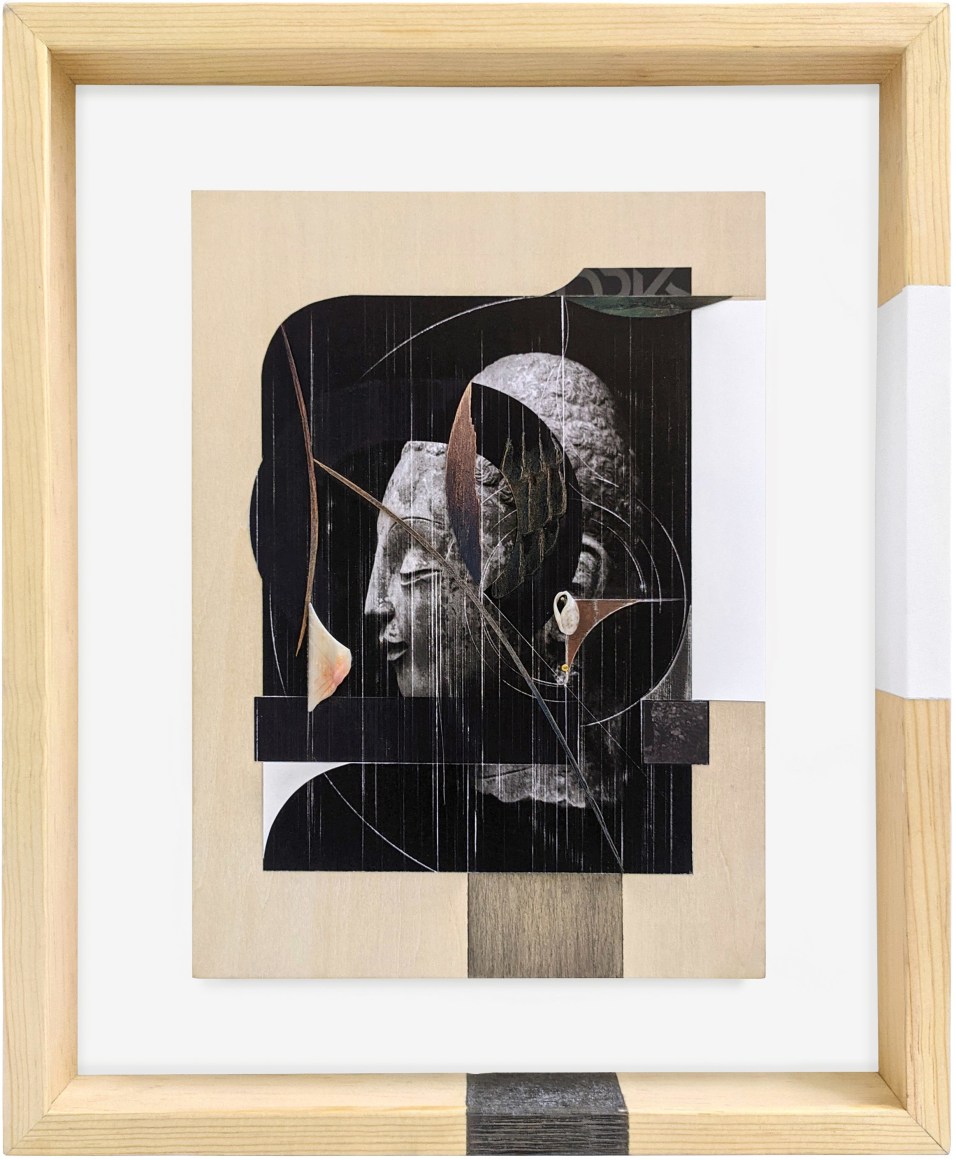 Omar Barquet, ci (from the Syllables series), 2022. Mixed media collage, fragments of wood and seashells, silver and golden pin, metallic paper, ink and enamel on printed paper, custom artist frame, 17 x 14 3/16 inches.