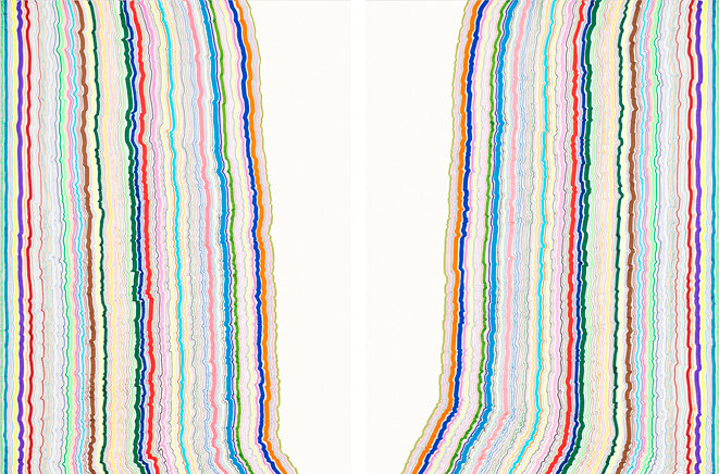 Rachel Perry,&nbsp;Chiral lines 21,&nbsp;2016. Graphite, marker, ballpoint, colored pencil on paper. Each panel: 30 x 22 3/8&nbsp;inches, overall: 30 x 45 inches. Unique.&nbsp;