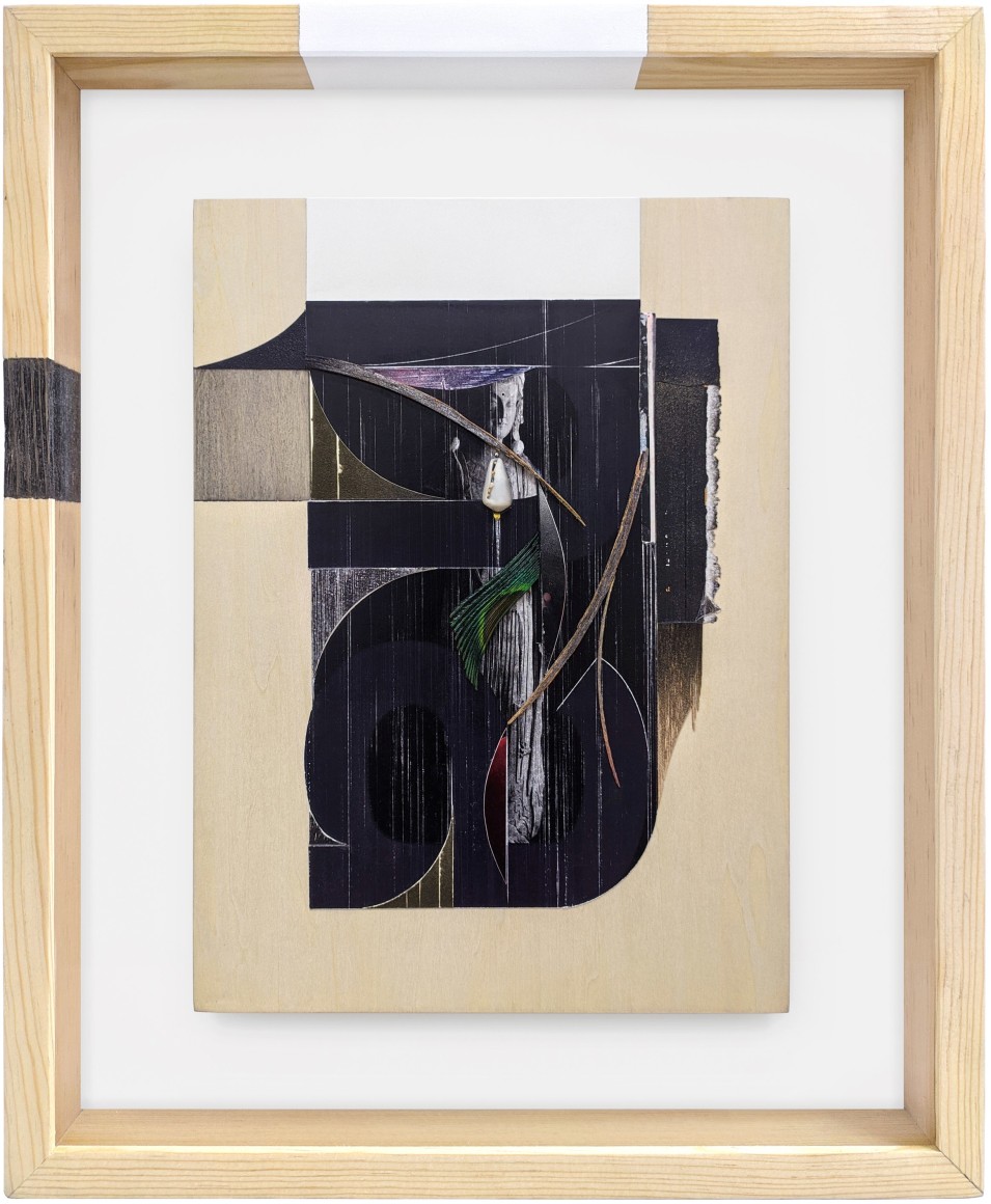Omar Barquet, na (from the Syllables series), 2022. Mixed media collage, wooden fragments, seashell, silver and golden pin, peacock feather, enamel and ink on printed paper, custom artist frame, 17 x 14 3/16 inches.