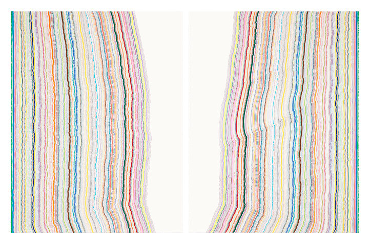 Chiral Lines 14, 2015, Graphite, marker, ballpoint, colored pencil on paper, Each: 50 x 38 inches, Overall: 50 x 76 inches
