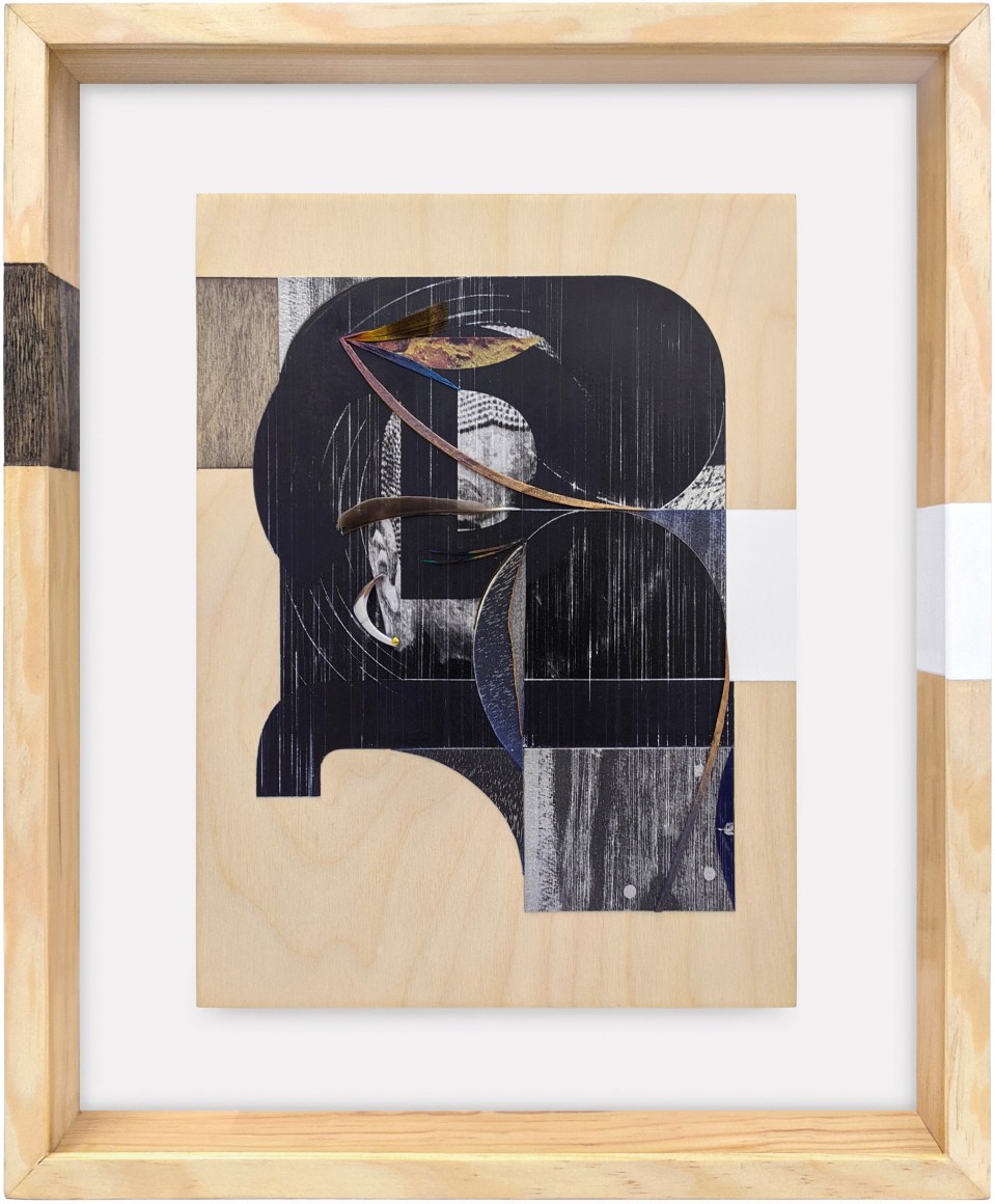 Omar Barquet, el (from the Syllables series), 2022. Mixed media collage, wooden fragments, seashell, pin, enamel and ink on printed paper, custom artist frame, 17 x 14 3/16 inches.