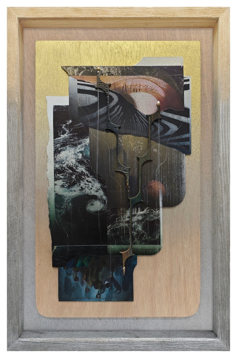 Omar Barquet, 1st Vision (The Maelstrom) (after Z. T. Vizcaíno), 2024. Mixed media collage, lacquer oil paint, nails, wood fragments, pearl, seashells and synthetic hair on wood boards on custom artist&rsquo;s frame with museum glass, 22 13/16 x 15 x 2 inches.