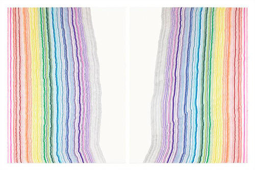 Chiral Lines 13, 2015. Graphite, marker, ballpoint, colored pencil on paper. Each: 50 x 38 inches, overall: 50 x 76 inches