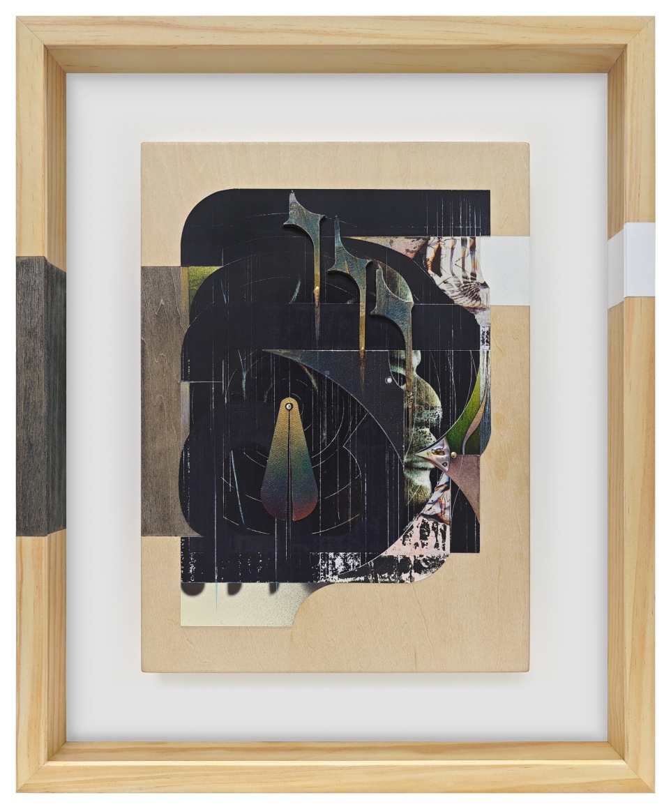 Omar Barquet,&nbsp;lla (from the Syllables series), 2024. Mixed media collage comprised of lacquer oil paint, ink, color pencil, fragments of wood, cardboard, canvas, seashells, nacre shell, pins on printed paper, custom artist frame, 17 x 14 1/4 inches.