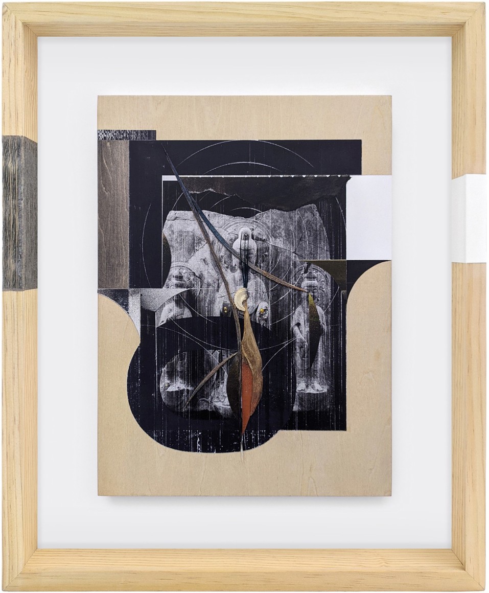 Omar Barquet, lo (from the Syllables series), 2022. Mixed media collage, wooden fragments, seashell, pin, enamel and ink on printed paper, custom artist frame, 17 x 14 3/16 inches.