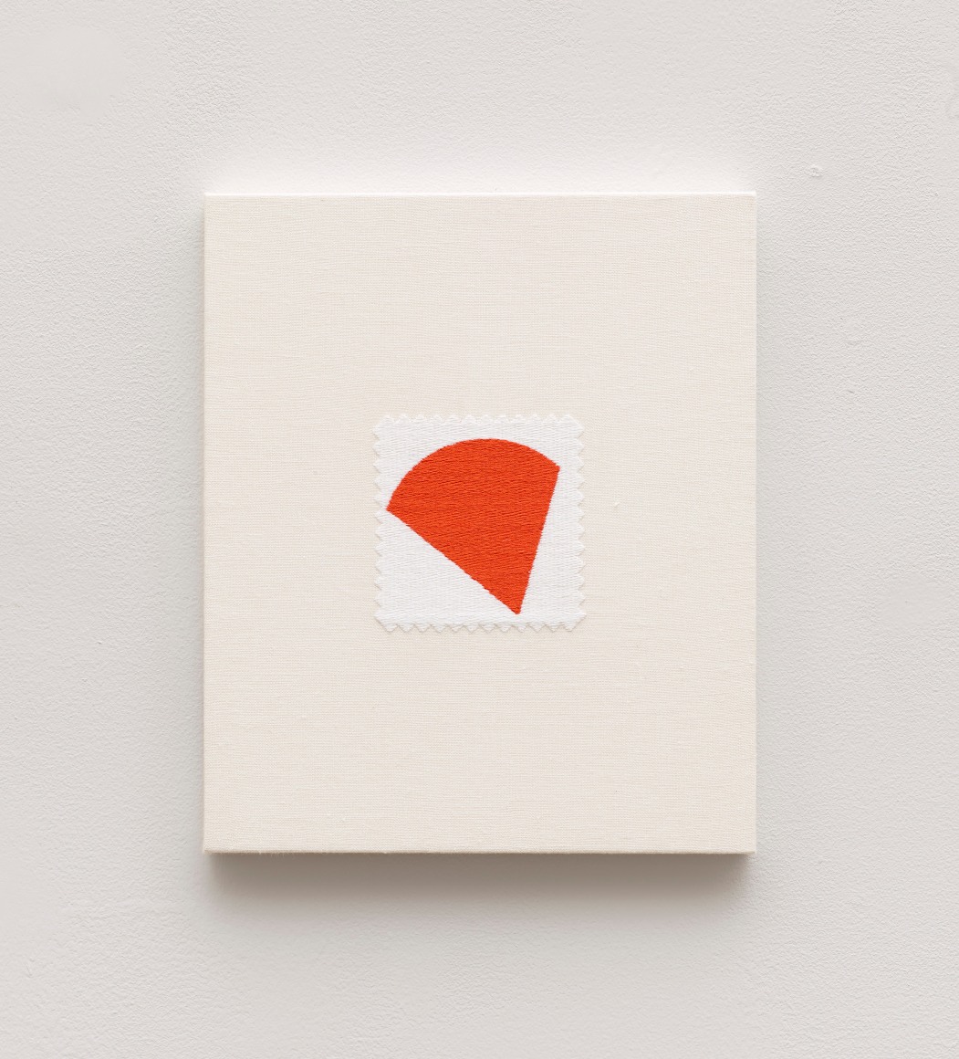 Elaine Reichek , Swatch, Kelly, 2006,  digital embroidery on linen,  12 x 10 inches,  edition of 3