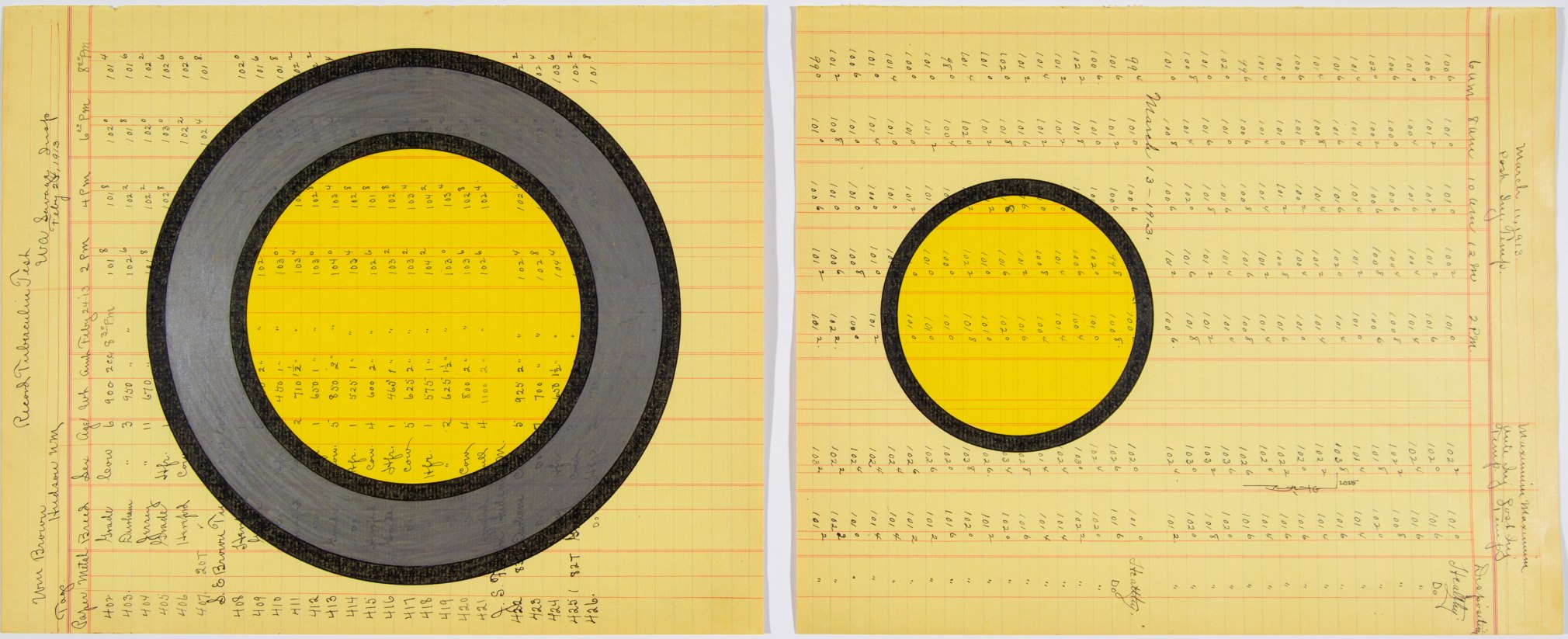 Terran Last Gun Above Us Is Power, 2025 ink and colored pencil on diptych antique ledger sheets (dated 1913) paper size combined: 9 7/8 x 24 inches