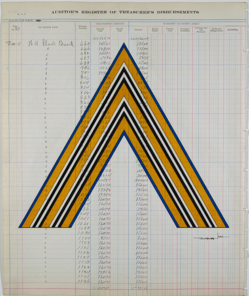 Terran Last Gun Ascend For Visionary Power, 2022 Ink and colored pencil on antique &ldquo;City of Butte, Montana, Auditor&rsquo;s Register of Treasurer&rsquo;s Disbursements&rdquo; ledger sheet (dated 1920); Watermark: Triumph Linen Ledger, Minneapolis Paper Co., Minneapolis, Minnesota. 16 3/4 x 13 7/8 inches
