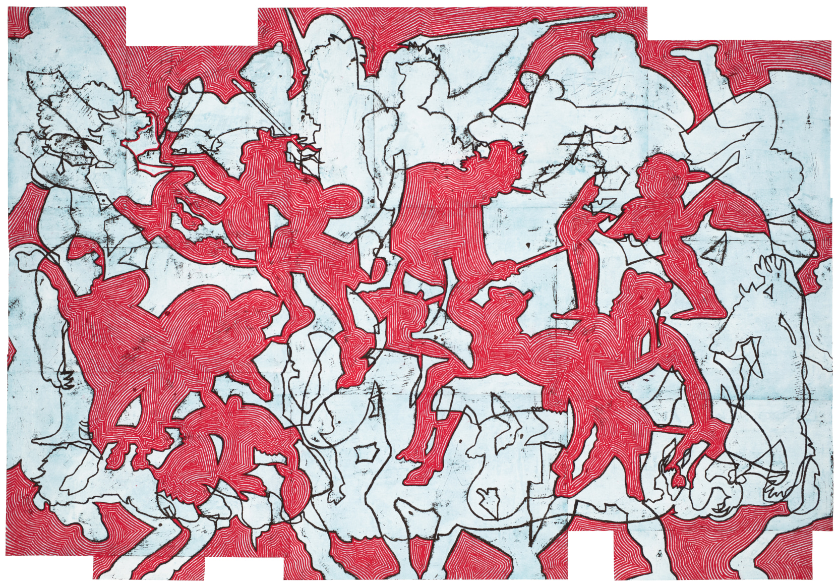 Bo Joseph Beneficiaries of Destruction, 2020 oil pastel, acrylic and tempera on joined paper 55 3/8 x 80 1/4 inches