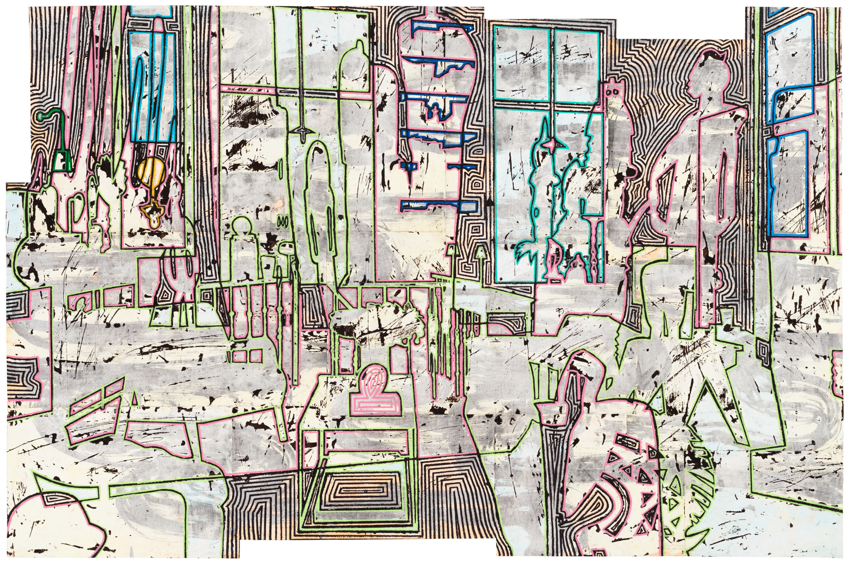 Bo Joseph Holding Spaces: Masquerading as Mutualism, 2023 signed, titled and dated 6/14/23 on reverse oil pastel, acrylic and tempera on joined paper 47 3/4 x 72 5/8 inches Frame: 54 1/4 x 78 7/8 inches