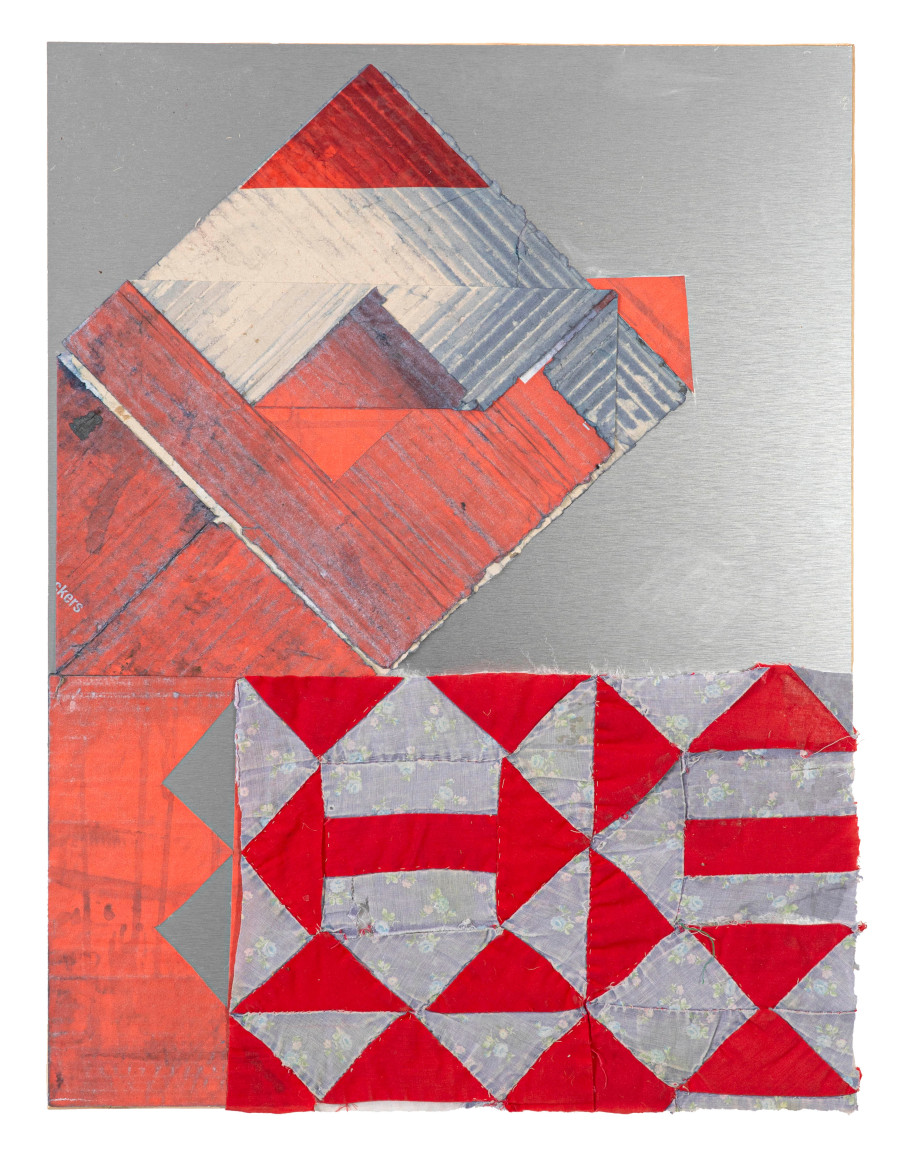 Jodi Hays Brother Jones, 2024 dyed cardboard, found textile, and vinyl collage on aluminum Dibond (ACM) on wood stretcher 24 x 18 inches