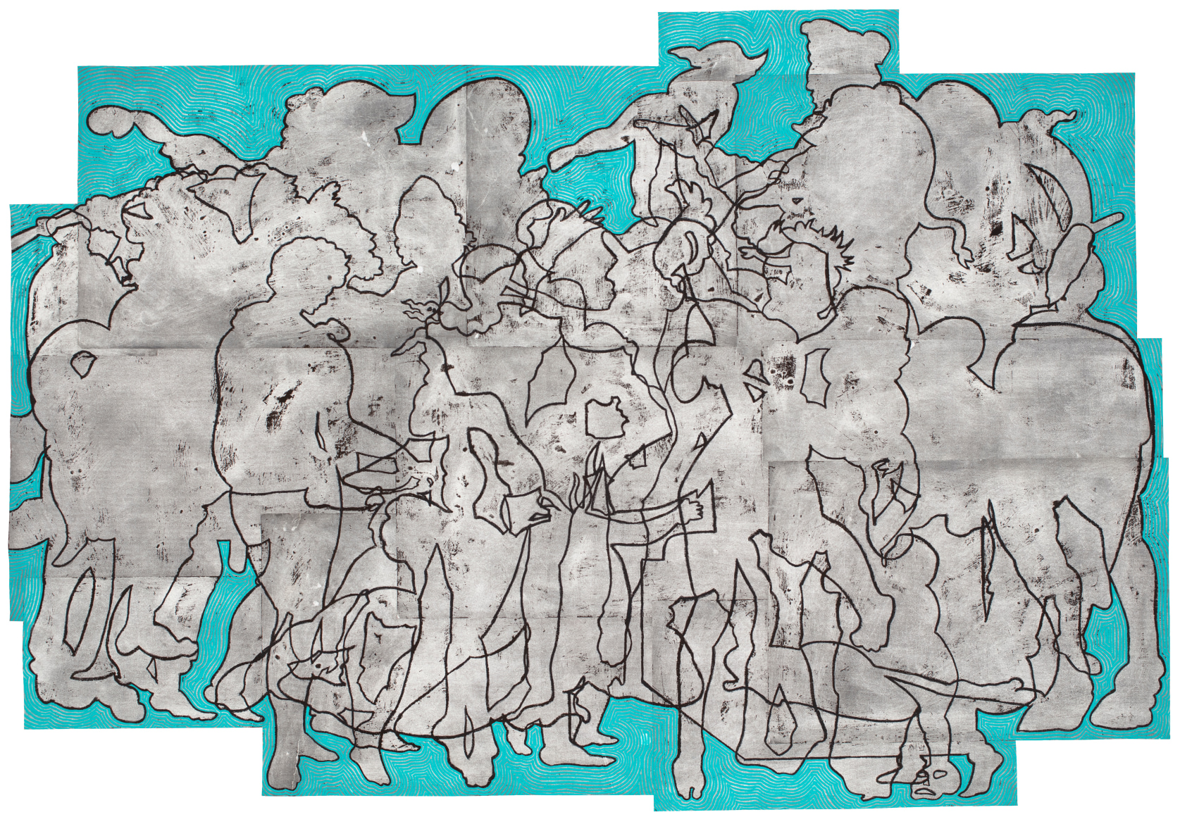 Bo Joseph  Reunion of the Cult at Absence, 2020  oil pastel, acrylic and tempera on joined paper  55 5/8 x 80 1/8 inches